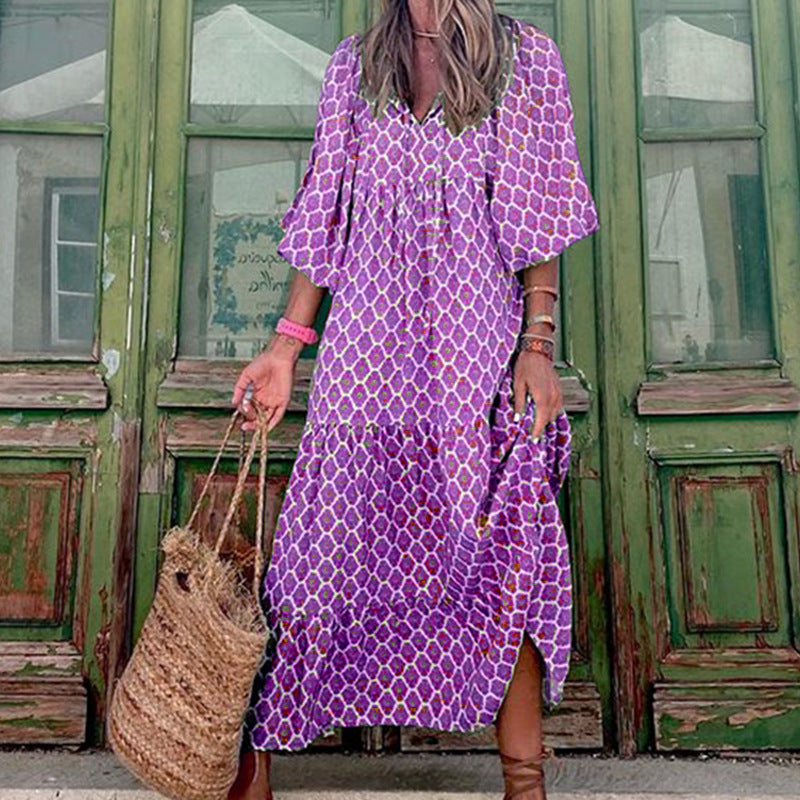 Vintage Printed Bohemian Dress Elegant Ladies Casual Loose